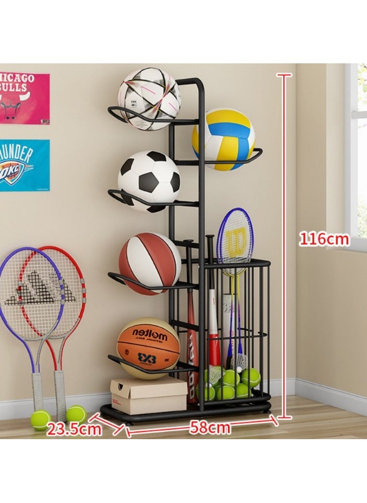 Indoor Basketball Storage Rack, Sports Equipment Storage Shelf, 4-Tier Sports Equipment, Non-Slip Floor Mat, for Children and Family Members