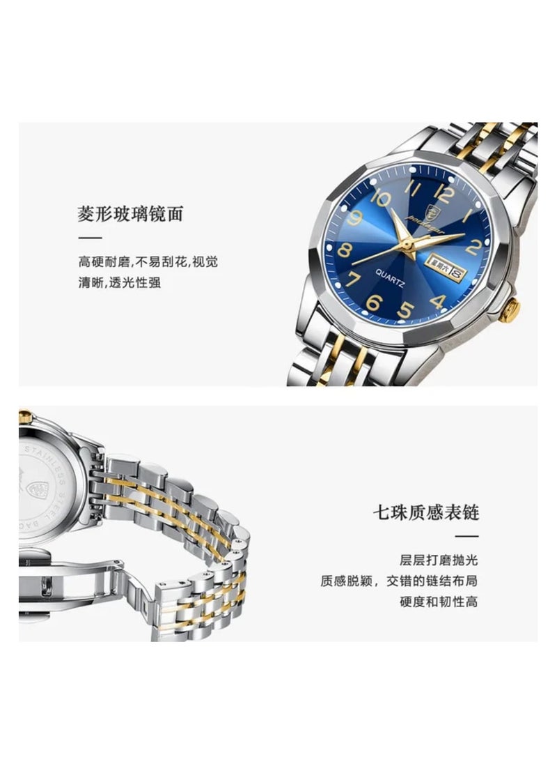 Wrist Watches For Women's Poedagar Design Stylish fancy stainless steel watch two tone band with trndy blue color dial