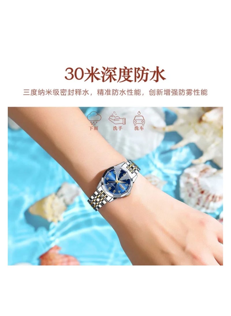 Wrist Watches For Women's Poedagar Design Stylish fancy stainless steel watch two tone band with trndy blue color dial