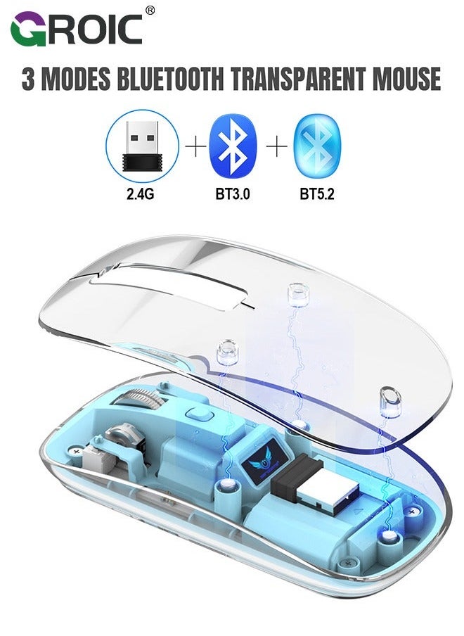 Blue Wireless Mouse, Bluetooth & USB 2.4GHz Mini Lightweight Rechargeable Computer Mice, Ergonomic Design, Ambidextrous, Adjustable DPI, Transparent, Soundless