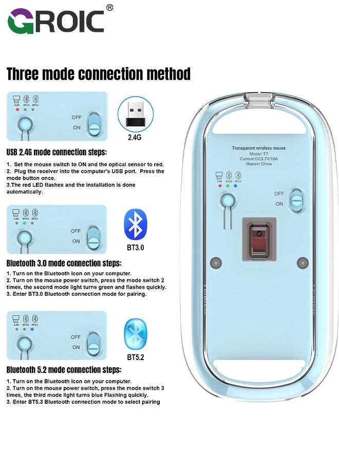 Blue Wireless Mouse, Bluetooth & USB 2.4GHz Mini Lightweight Rechargeable Computer Mice, Ergonomic Design, Ambidextrous, Adjustable DPI, Transparent, Soundless