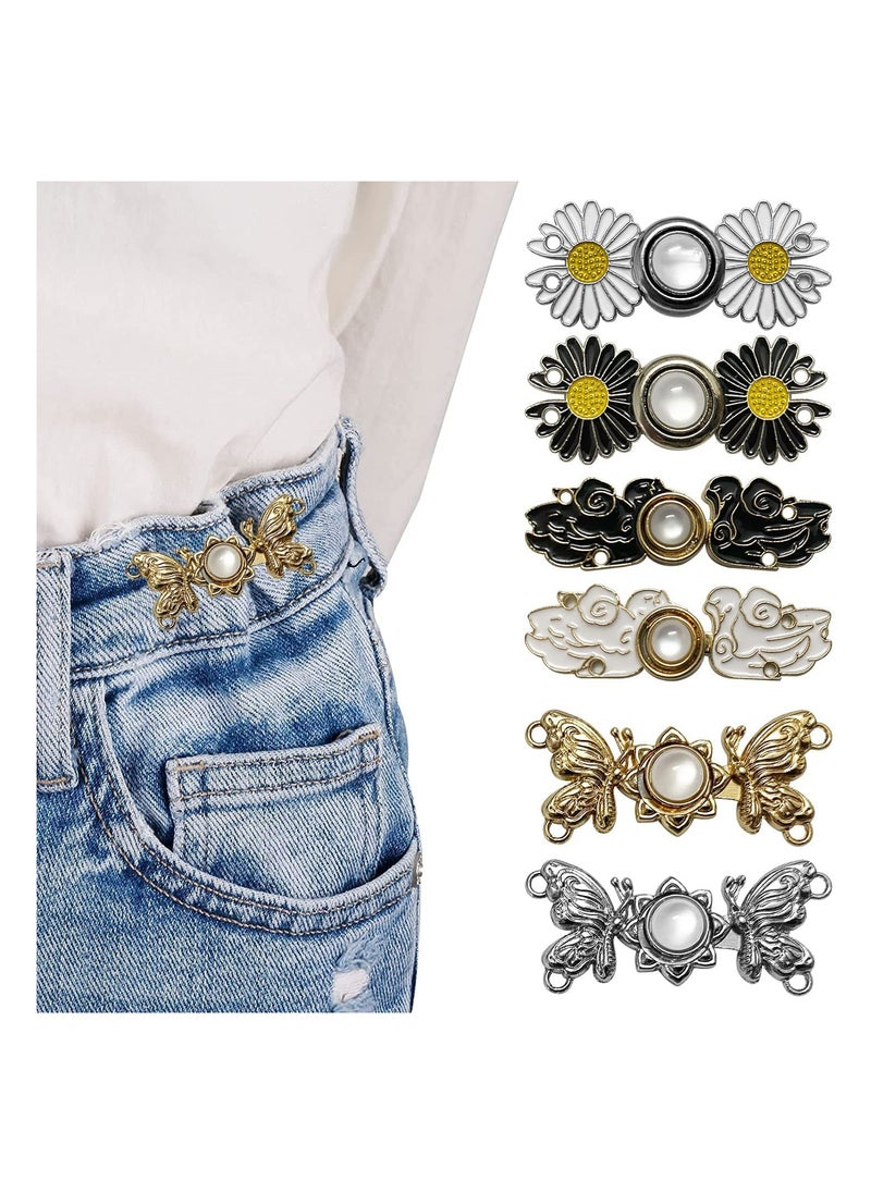 6PCS Buttons for Jeans Dress Loose Big DIY Pants Clips for Waist Smaller Tightener DIY Sewing Adjustable Waist Buckle Fashion Pearl Flower Adjuster Fastener Clasp Pins for Girls Women