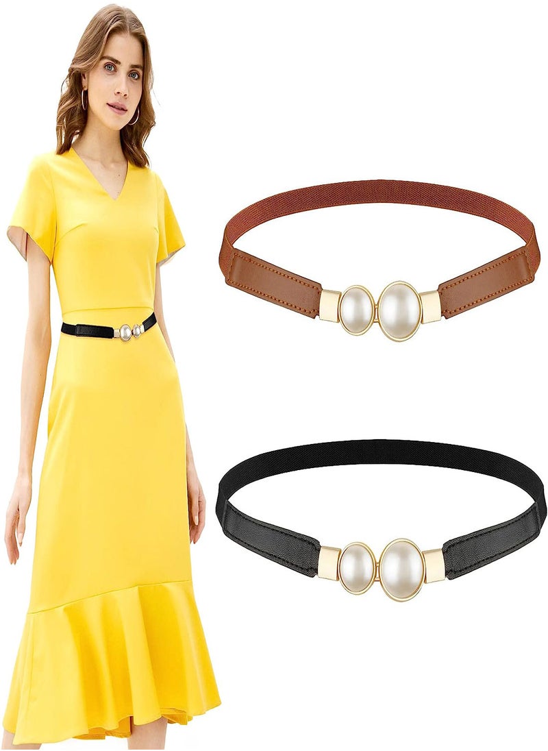 Women Skinny Elastic Waist Belt Fashion Ladies Stretchy Pearl Belt Thin Belt for Dresses 2pcs Fashion Simple Style Creative Pearl Buckle Elastic Elastic Belt