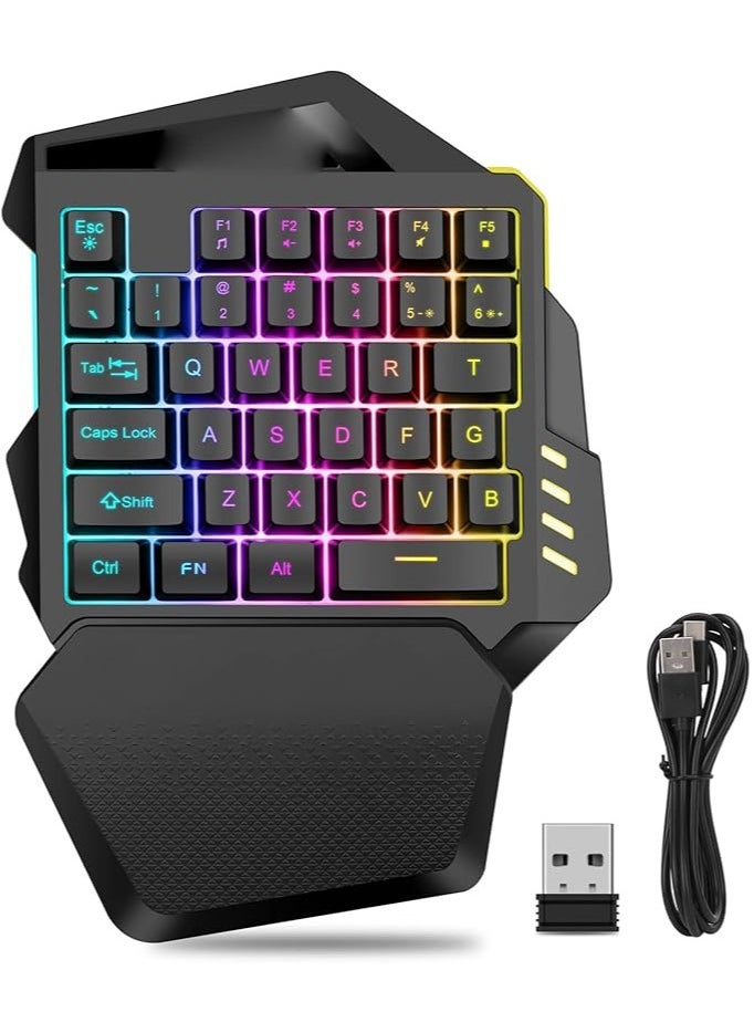 RGB One Handed Gaming Keyboard, 2.4G Wireless Gaming Keyboard Colorful Backlit with Wrist Rest, Ergonomic 35 Key for PC Gamer