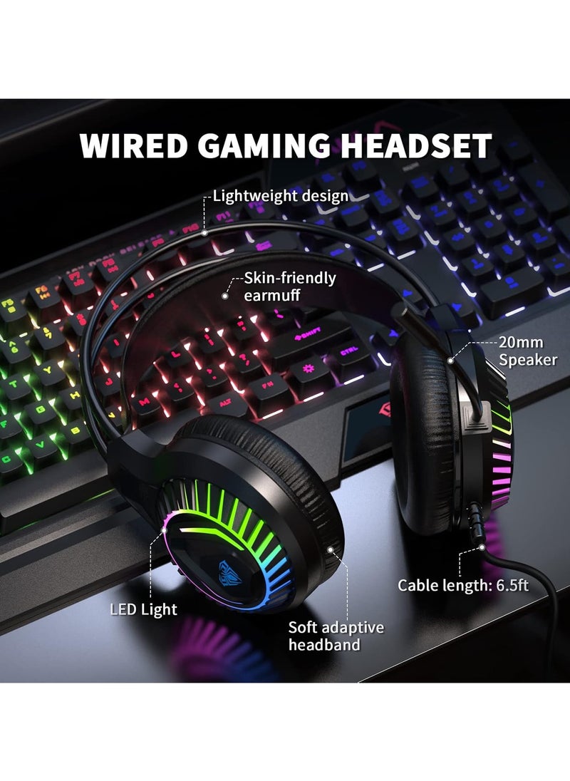 4 in 1 Gaming Keyboard Mouse Headset and Mousepad Combo, Rainbow LED Backlit Gaming Keyboard Mouse Set, USB Wired Bundle for PC Computer Laptop Gamer