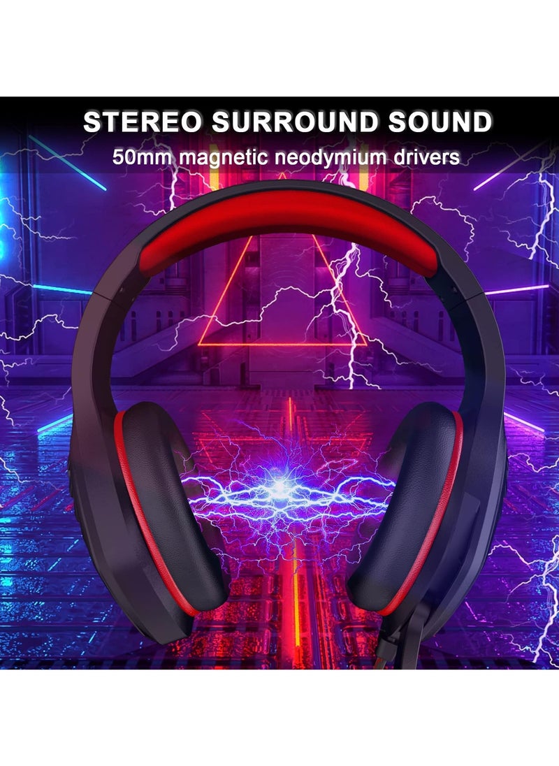 Gaming Headset for PS4 PS5 Xbox One Switch PC with Noise Canceling Mic, Deep Bass Stereo Sound (Black&Red)