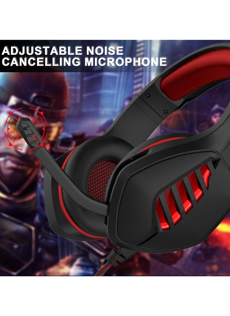 Gaming Headset for PS4 PS5 Xbox One Switch PC with Noise Canceling Mic, Deep Bass Stereo Sound (Black&Red)