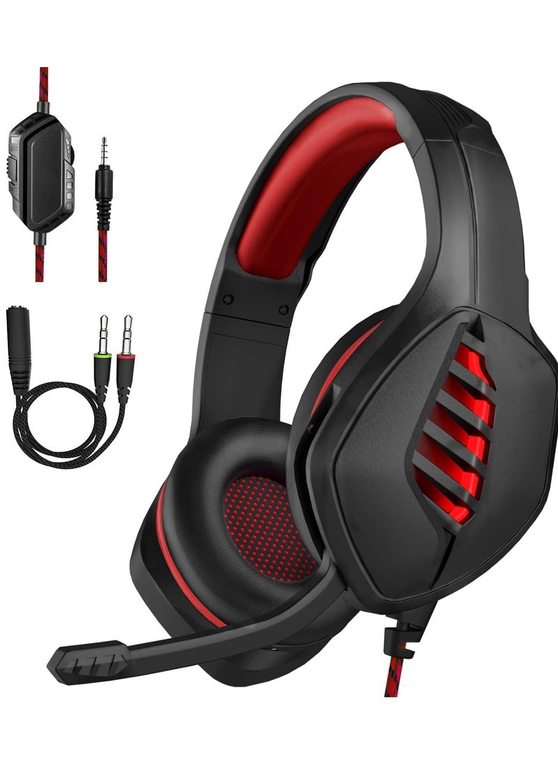 Gaming Headset for PS4 PS5 Xbox One Switch PC with Noise Canceling Mic, Deep Bass Stereo Sound (Black&Red)