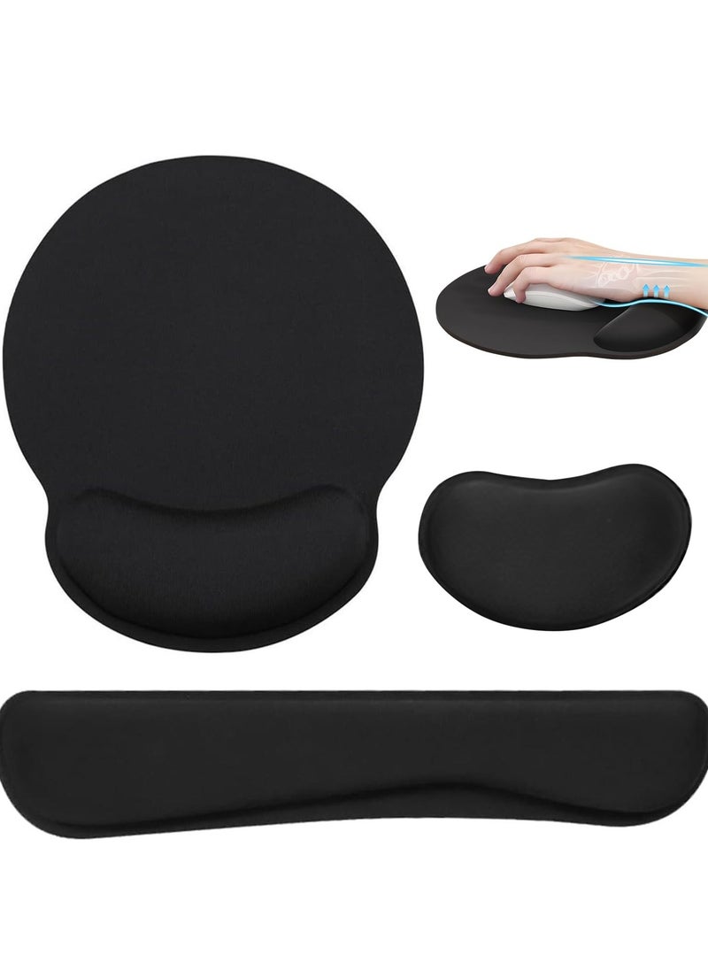 Mouse Pad 3 Pcs Set- Keyboard Wrist Rest Support and Mouse Wrist Pad, Nonslip Memory Foam Mouse Pad for Gaming, Working, Office, Computer, Laptop (Black)