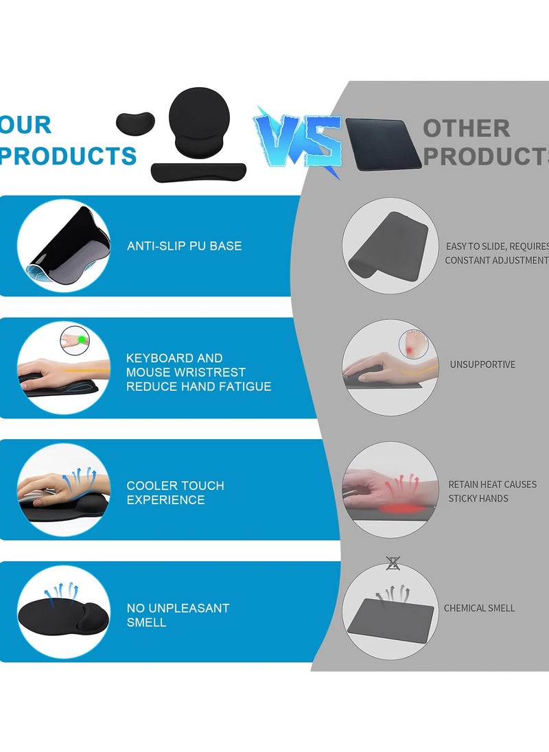 Mouse Pad 3 Pcs Set- Keyboard Wrist Rest Support and Mouse Wrist Pad, Nonslip Memory Foam Mouse Pad for Gaming, Working, Office, Computer, Laptop (Black)
