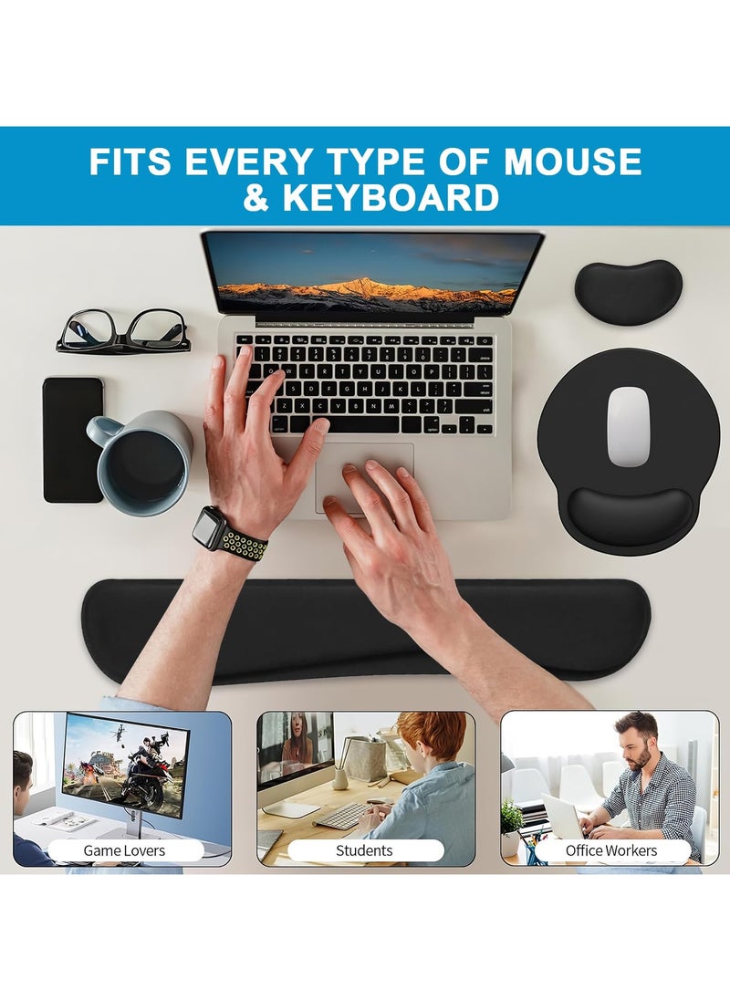 Mouse Pad 3 Pcs Set- Keyboard Wrist Rest Support and Mouse Wrist Pad, Nonslip Memory Foam Mouse Pad for Gaming, Working, Office, Computer, Laptop (Black)