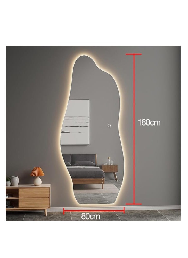 Large Full-Length Dressing Mirror with LED Light – Round Wooden Frame, 70x165cm, Stand or Wall Mount