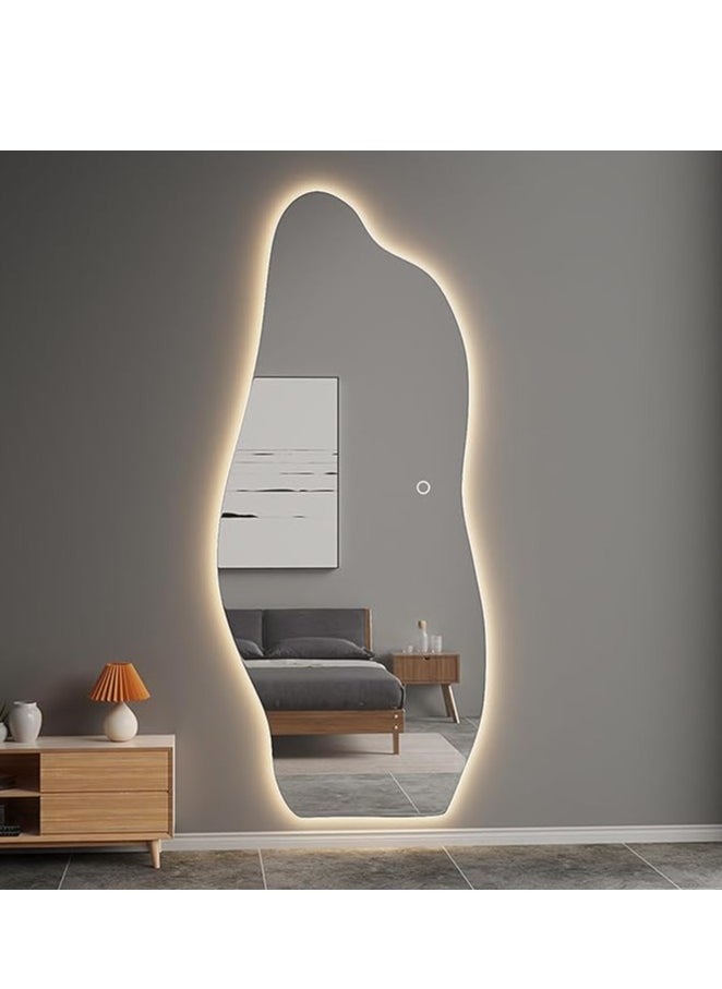 Large Full-Length Dressing Mirror with LED Light – Round Wooden Frame, 70x165cm, Stand or Wall Mount