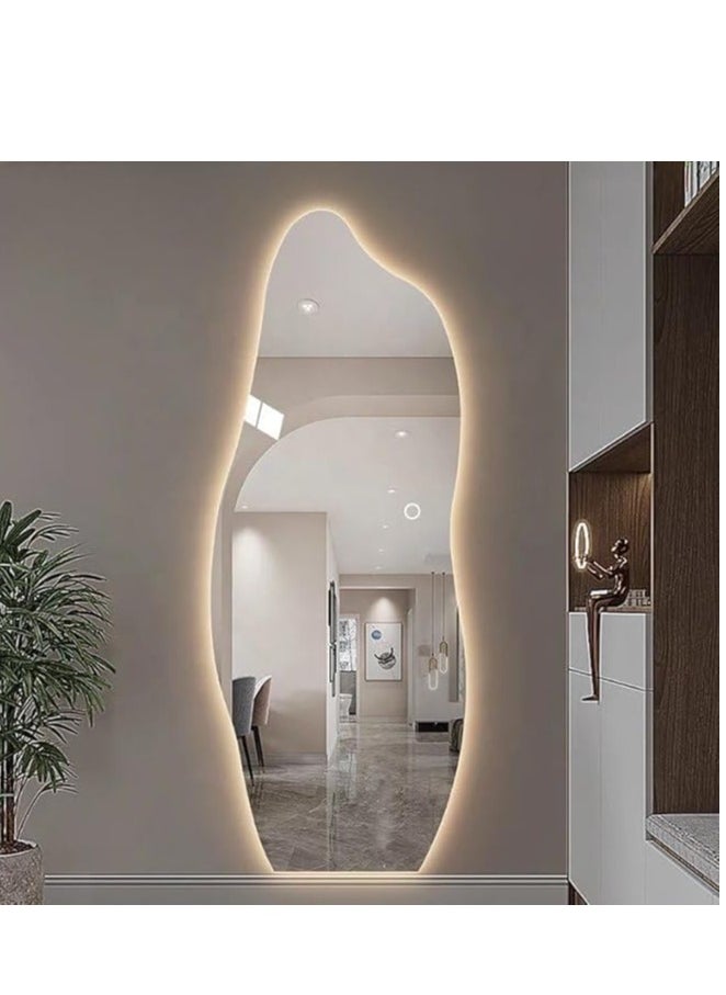 Large Full-Length Dressing Mirror with LED Light – Round Wooden Frame, 70x165cm, Stand or Wall Mount