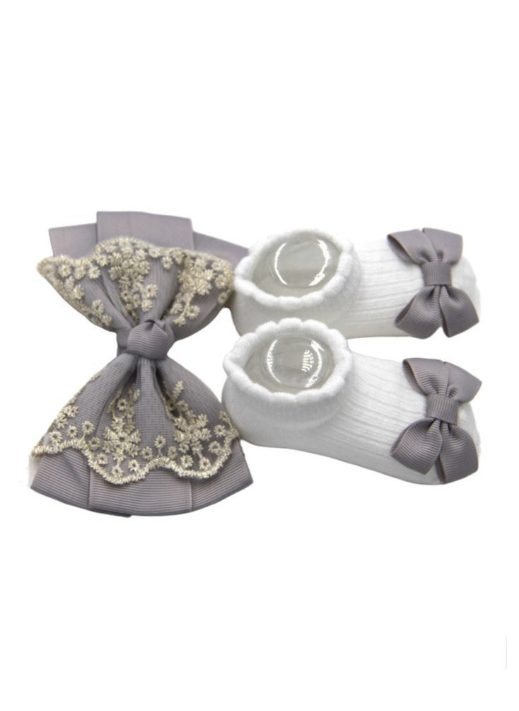 Bambimici - Aaliyah Socks & Cute Ribbon Big Bow Headband Set - Grey