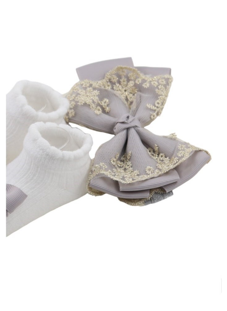 Bambimici - Aaliyah Socks & Cute Ribbon Big Bow Headband Set - Grey