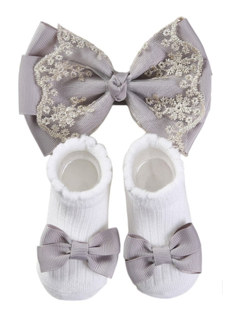 Bambimici - Aaliyah Socks & Cute Ribbon Big Bow Headband Set - Grey