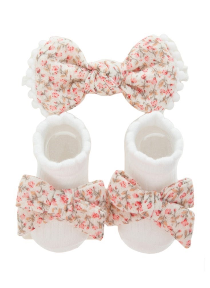 Bambimici - Anika Socks & Ribbon Bow Headband Set - Floral Red