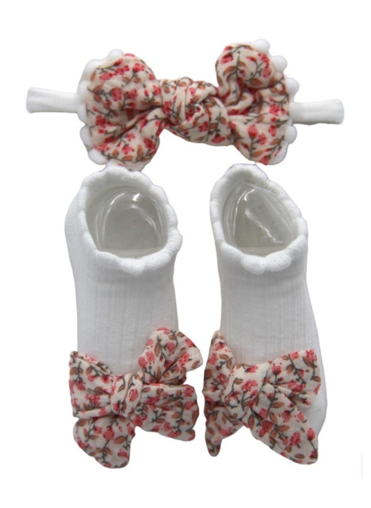 Bambimici - Anika Socks & Ribbon Bow Headband Set - Floral Red