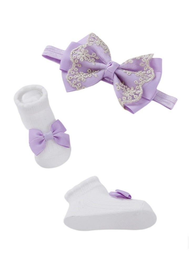 Bambimici - Aaliyah Socks & Cute Ribbon Big Bow Headband Set - Purple