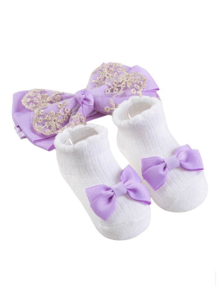 Bambimici - Aaliyah Socks & Cute Ribbon Big Bow Headband Set - Purple