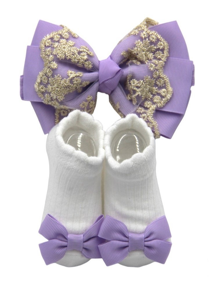 Bambimici - Aaliyah Socks & Cute Ribbon Big Bow Headband Set - Purple