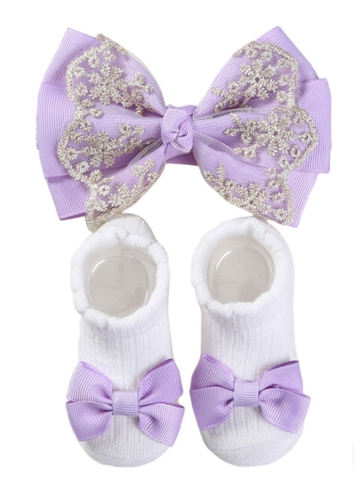 Bambimici - Aaliyah Socks & Cute Ribbon Big Bow Headband Set - Purple