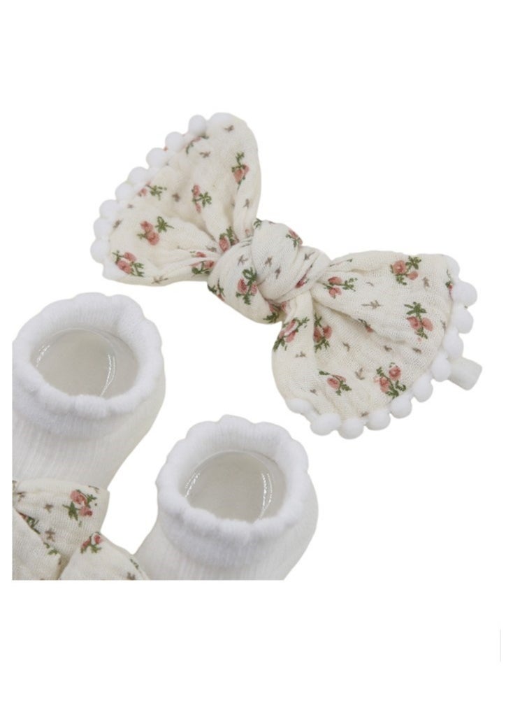 Bambimici - Anika Socks & Ribbon Bow Headband Set -  Floral Cream