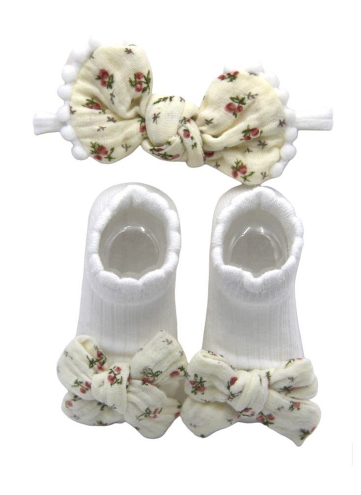 Bambimici - Anika Socks & Ribbon Bow Headband Set -  Floral Cream