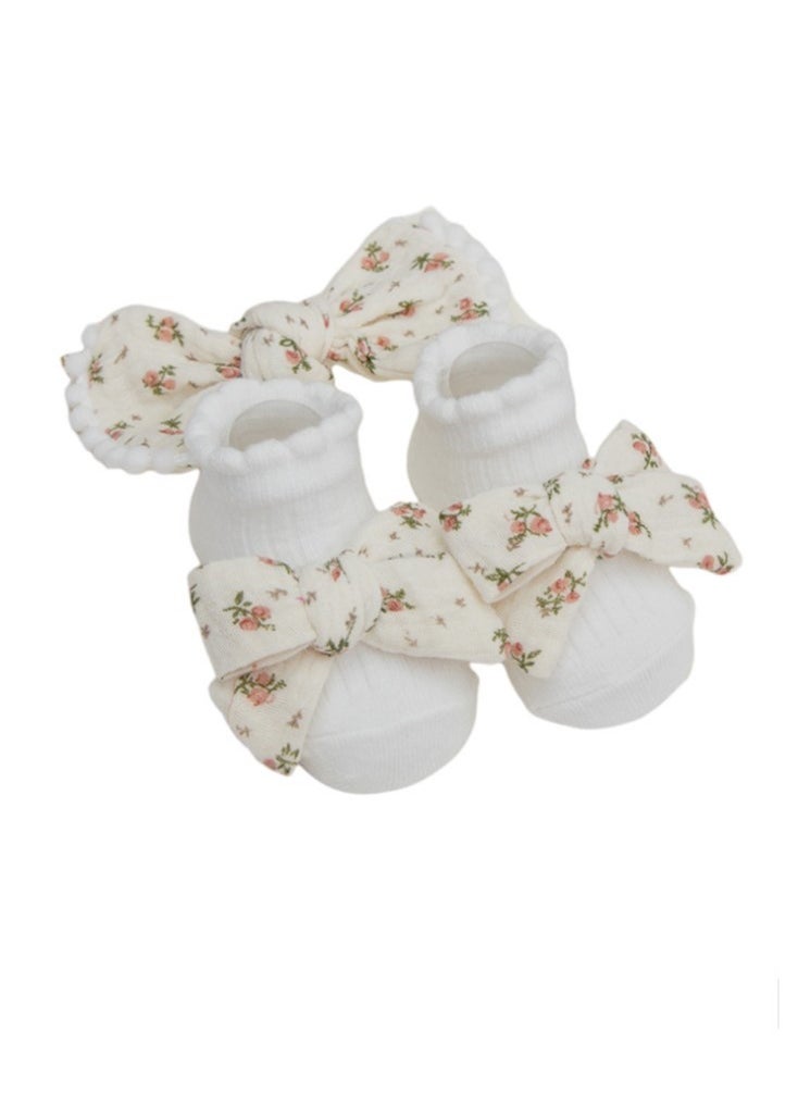 Bambimici - Anika Socks & Ribbon Bow Headband Set -  Floral Cream