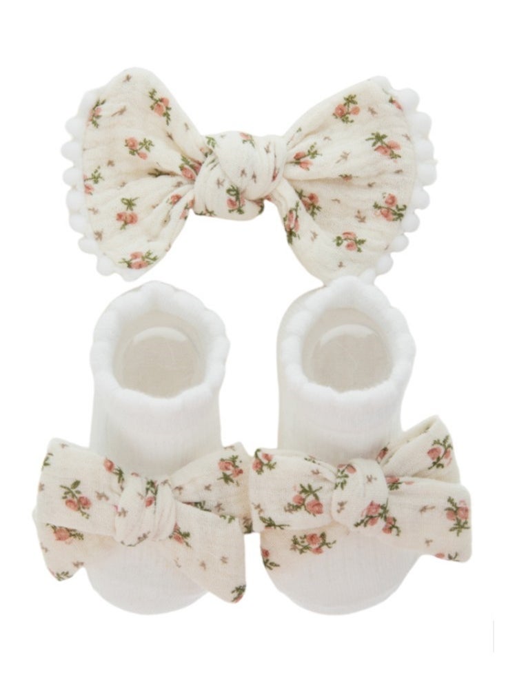 Bambimici - Anika Socks & Ribbon Bow Headband Set -  Floral Cream