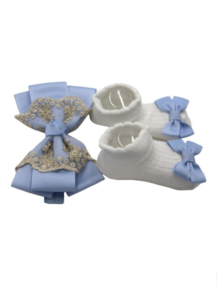 Bambimici - Aaliyah Socks & Cute Ribbon Big Bow Headband Set - Blue