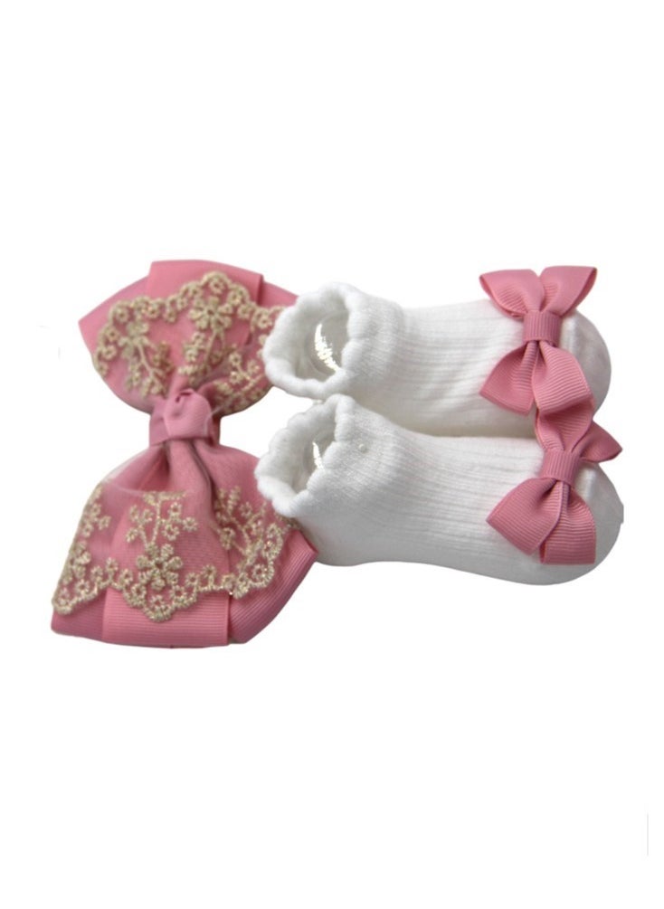 Bambimici - Aaliyah Socks & Cute Ribbon Big Bow Headband Set - Baby Pink