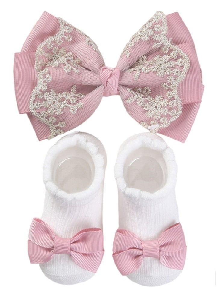 Bambimici - Aaliyah Socks & Cute Ribbon Big Bow Headband Set - Baby Pink