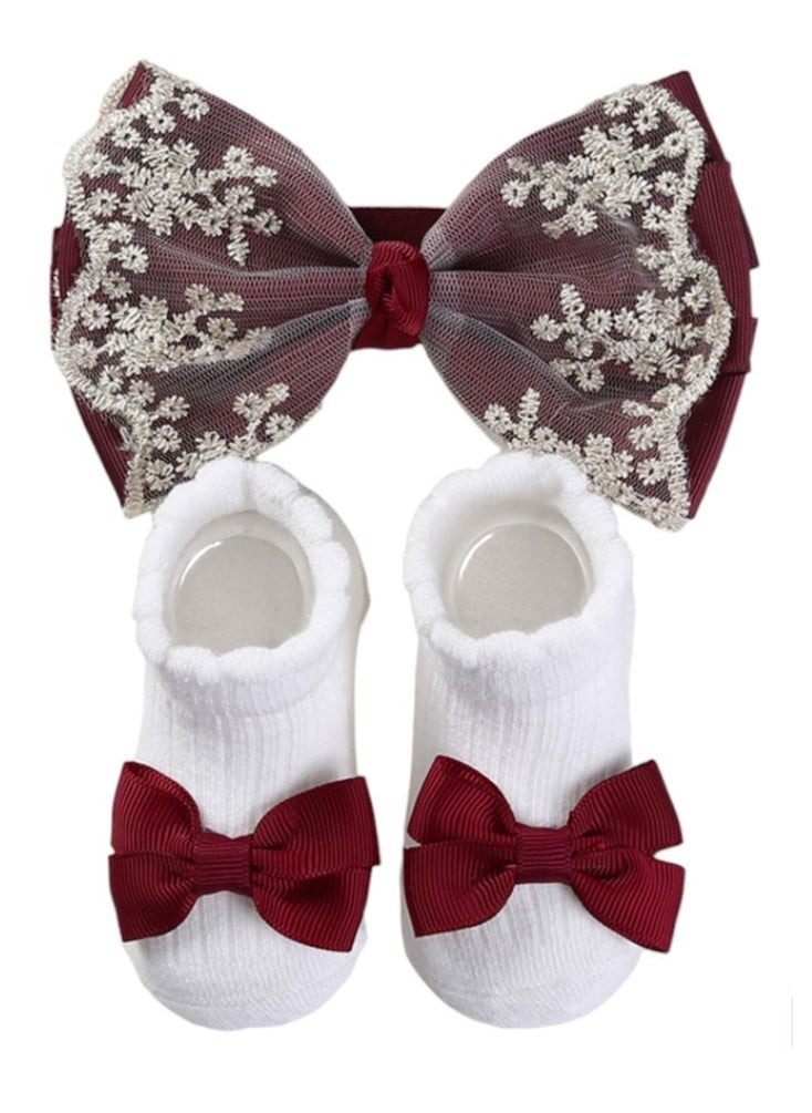 Bambimici - Aaliyah Socks & Cute Ribbon Big Bow Headband Set - Burgundy