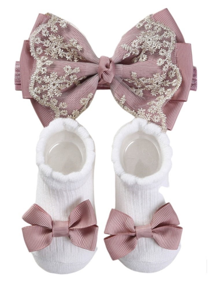 Bambimici - Aaliyah Socks & Cute Ribbon Big Bow Headband Set - Old Rose