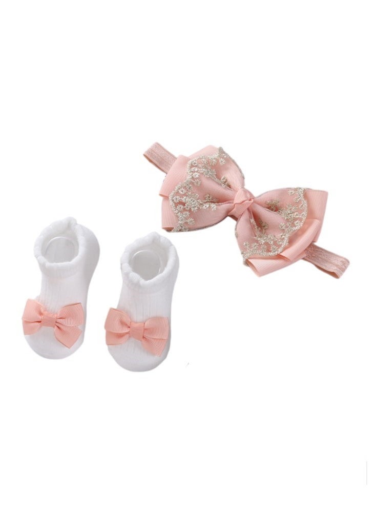 Bambimici - Aaliyah Socks & Cute Ribbon Big Bow Headband Set - Peach