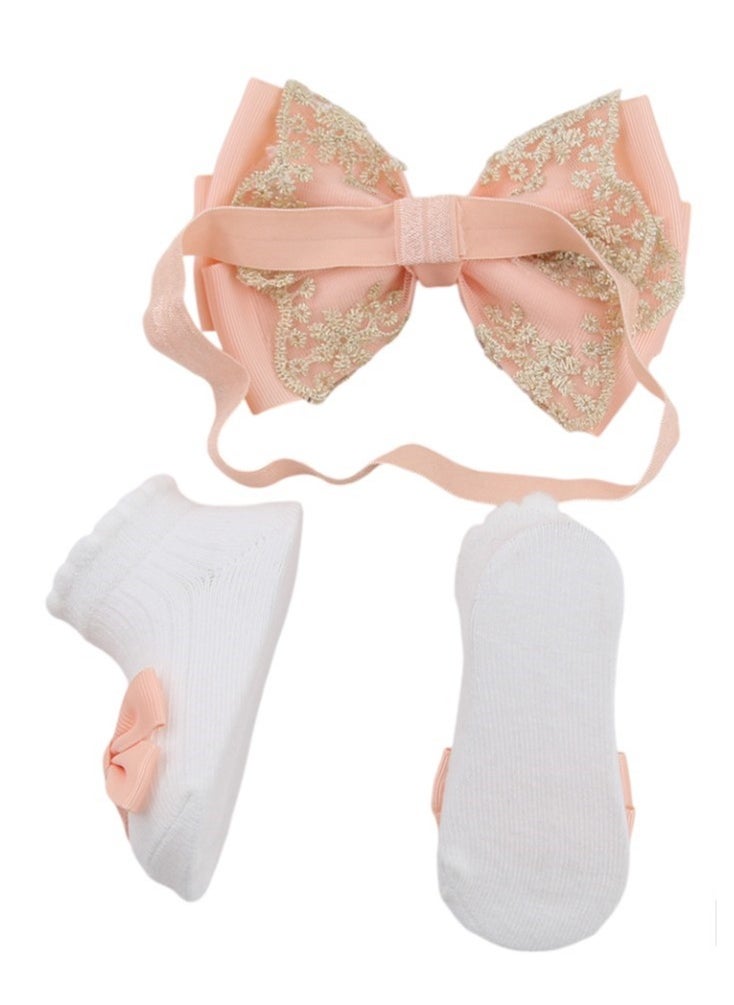 Bambimici - Aaliyah Socks & Cute Ribbon Big Bow Headband Set - Peach