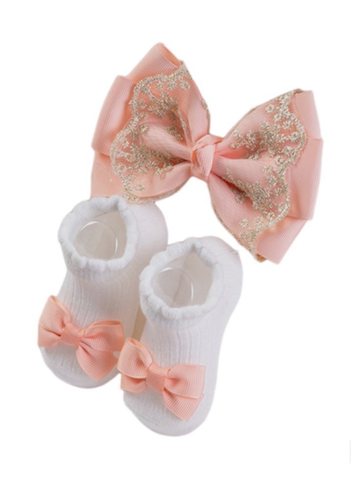 Bambimici - Aaliyah Socks & Cute Ribbon Big Bow Headband Set - Peach