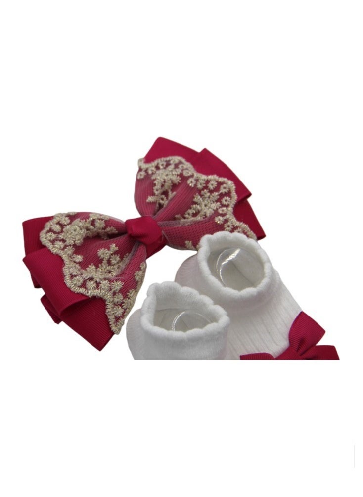Bambimici - Aaliyah Socks & Cute Ribbon Big Bow Headband Set - Red