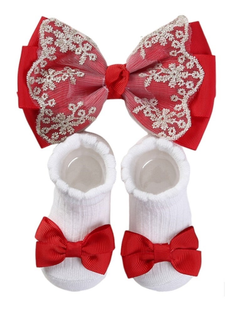 Bambimici - Aaliyah Socks & Cute Ribbon Big Bow Headband Set - Red