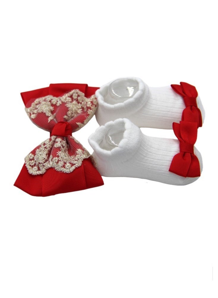 Bambimici - Aaliyah Socks & Cute Ribbon Big Bow Headband Set - Red