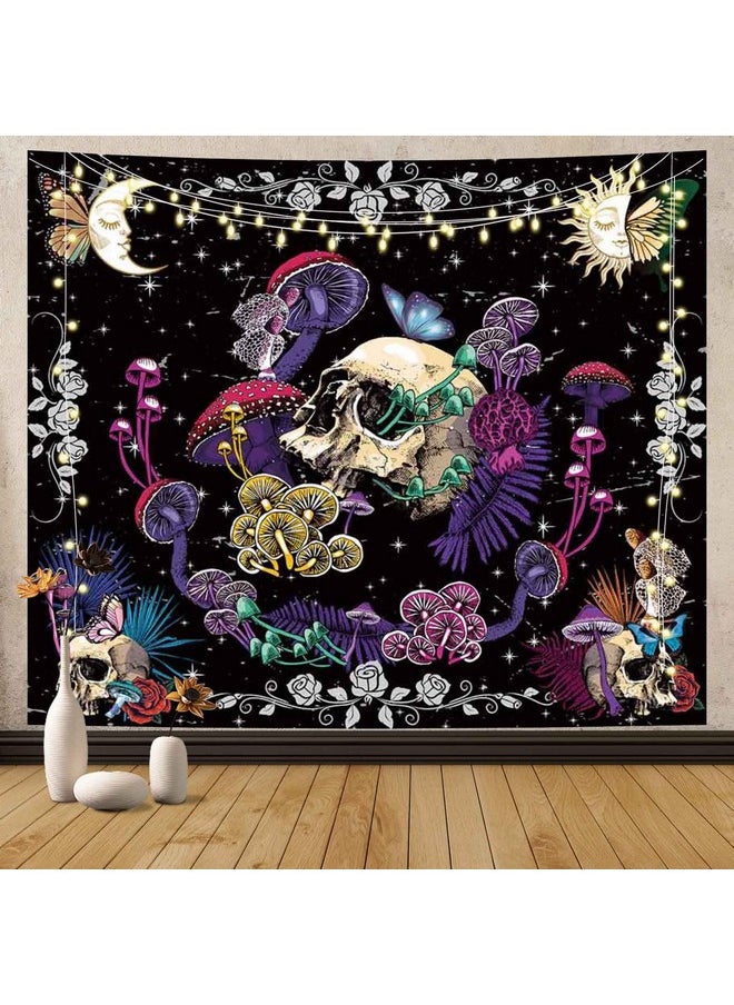 Skull Tapestry Hippie Skull Mushroom Tapestry Mushroom Skeleton Tapestry Moon And Stars Plants Butterfly Tapestry Wall Hanging For Living Room 51.2 X 59.1Inches