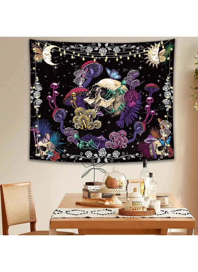 Skull Tapestry Hippie Skull Mushroom Tapestry Mushroom Skeleton Tapestry Moon And Stars Plants Butterfly Tapestry Wall Hanging For Living Room 51.2 X 59.1Inches