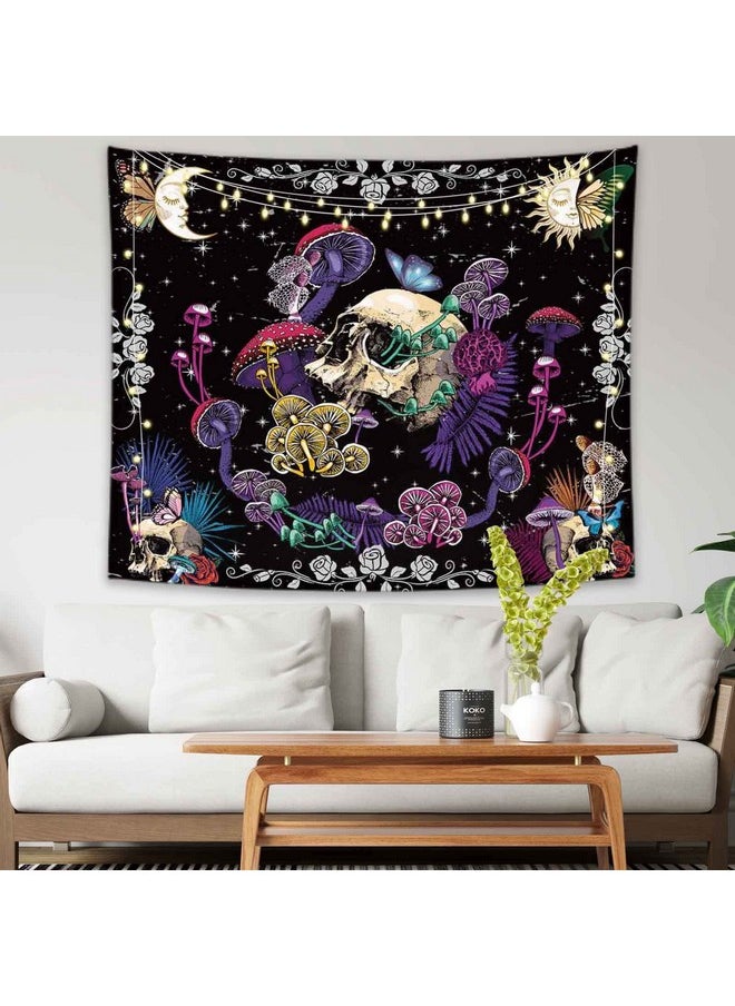 Skull Tapestry Hippie Skull Mushroom Tapestry Mushroom Skeleton Tapestry Moon And Stars Plants Butterfly Tapestry Wall Hanging For Living Room 51.2 X 59.1Inches