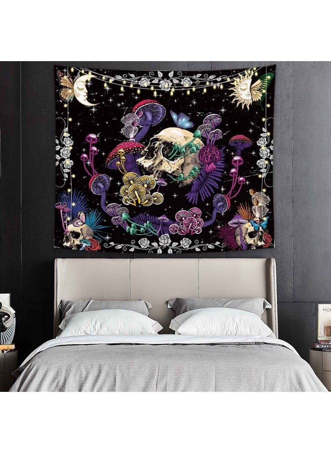 Skull Tapestry Hippie Skull Mushroom Tapestry Mushroom Skeleton Tapestry Moon And Stars Plants Butterfly Tapestry Wall Hanging For Living Room 51.2 X 59.1Inches