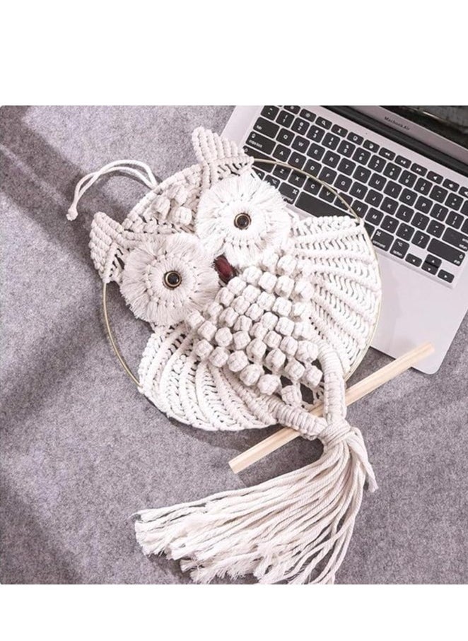 Handmade Owl Macrame Wall Hanging, Boho Tapestry in White (Large & Small), Macrame Wall Decor for Living Room & Nursery