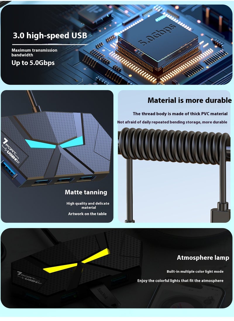Colorful Atmosphere Light Hub 4-Port Multi-Port Adapter Ultra-Thin Data Center USB A Splitter [Support Charging] Multi USB Extender for Laptop, Desktop, Xbox, PS5, Mouse, Keyboard, Flash Drive, Printer - 60CM Black