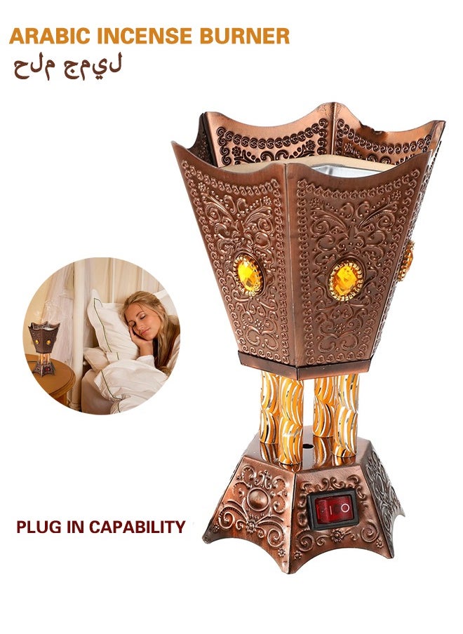 Electric Incense Burner Middle Eastern Style Tabletop Electric Censer Censer Metal Incense Burner for Home Office Yoga Spa Decor Copper (UK Plug)