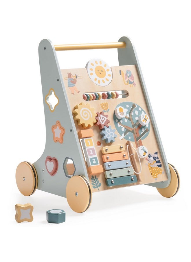 Wooden Baby Walker, Baby Push Walker With Activity Center And Storage For Boys And Girls Learning To Stand And Walk